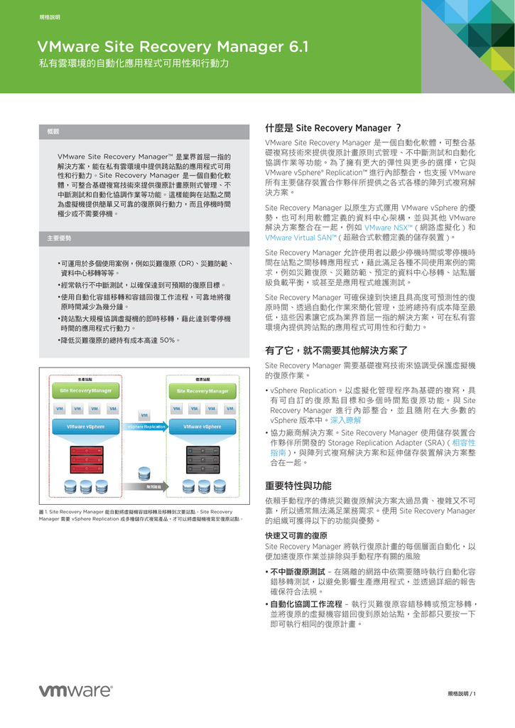 Vmware Site Recovery Manager 6 1 Site Recovery Manager 什麼是私有雲環境的自動化應用程式可用性和行動力 Manualzz