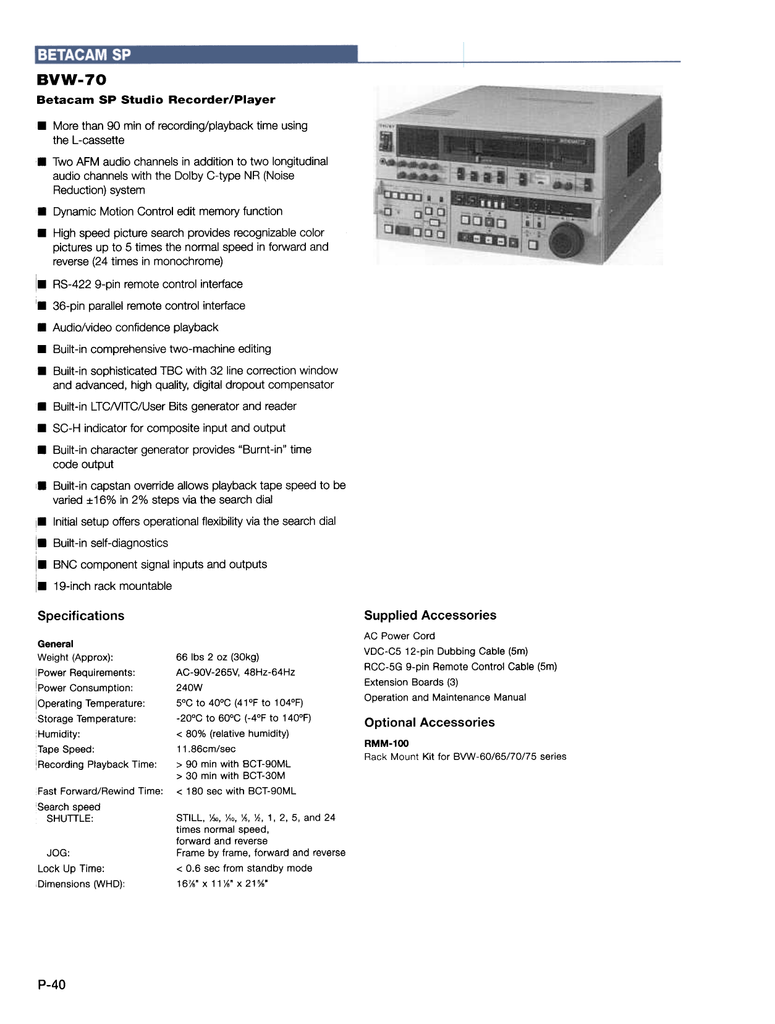 Bvw 70 Betacam Sp Studio Recorder Player Manualzz