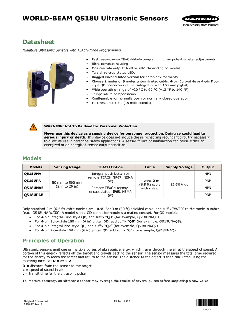 World Beam Qs18u Ultrasonic Sensors Datasheet Manualzz Com