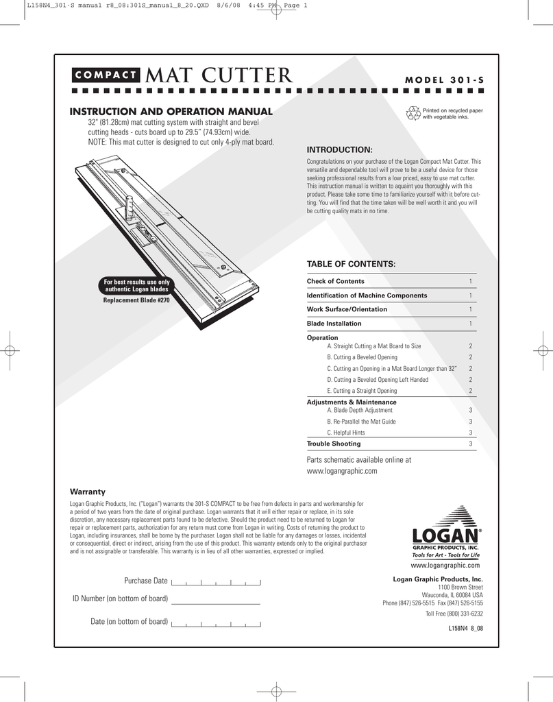 Logan 301-S Compact Mat Cutter with 45 degree and 90 degreee Cuts