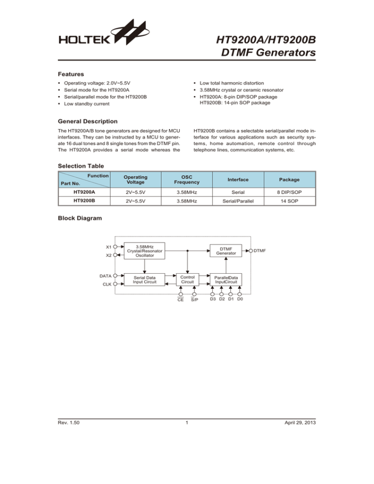 Ht90a Ht90b Dtmf Generators Features Manualzz