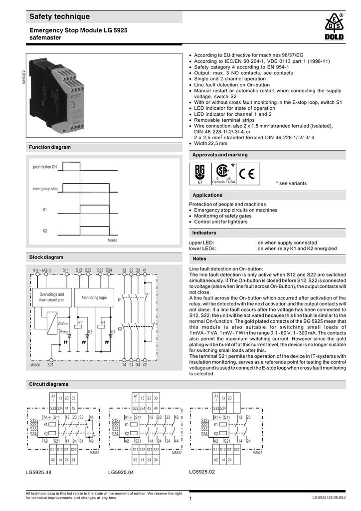 Safety technique Emergency Stop Module LG 5925 safemaster Manualzz