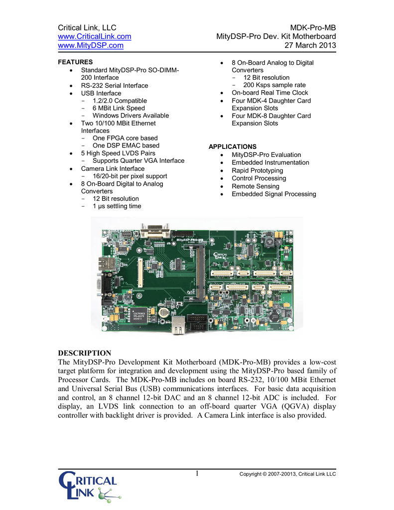 Critical Link Llc Mdk Pro Mb Mitydsp Pro Dev Kit Motherboard Manualzz