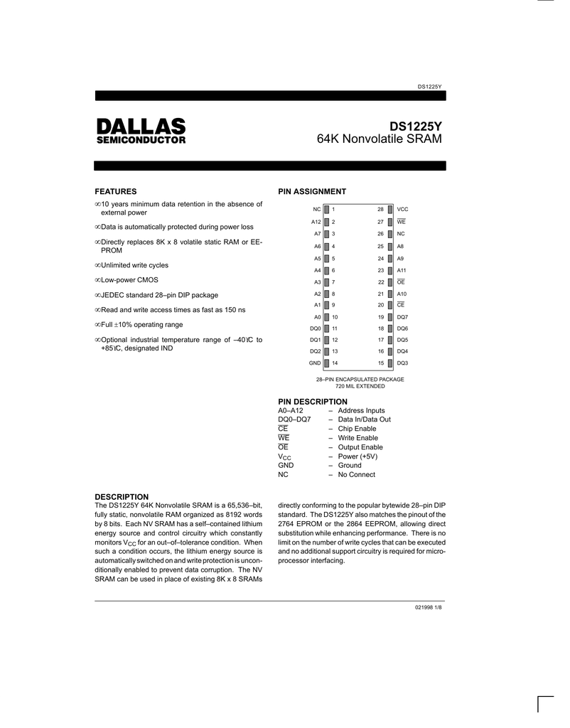 Ds1225ad Dallas Semiconductor 64k Non Volatile Sram