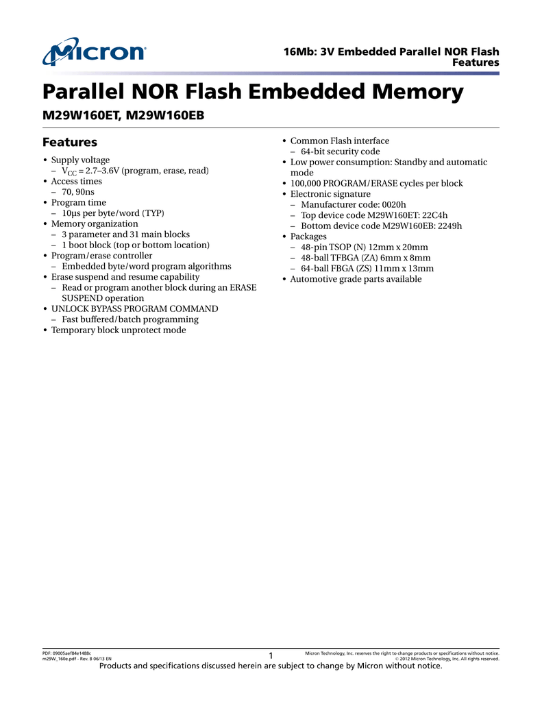 Parallel Nor Flash Embedded Memory M29w160et M29w160eb Features Manualzz