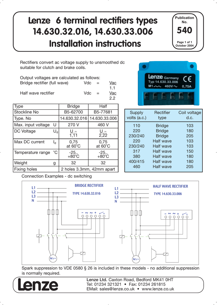 Lenze 6 terminal rectifiers types 14.630.32.016, 14.630.33.006 Installation instructions 540