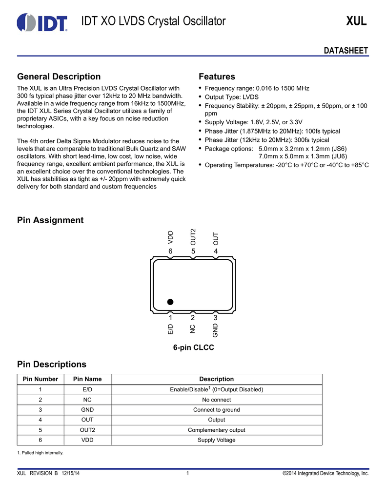 IDT XO LVDS Crystal Oscillator XUL DATASHEET General Description Manualzz