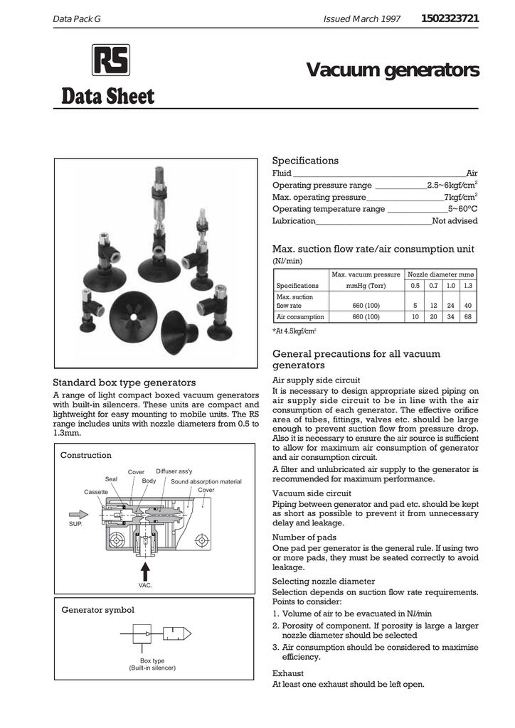 Data Sheet Vacuum generators 1502323721 Specifications | Manualzz