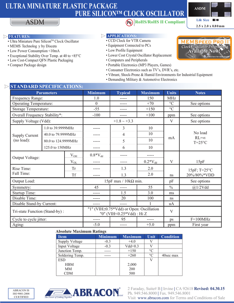 Oscillators S 5 Item Abracon Asdm1 8 000mhz Lc T Asdm Series 8 Mhz 2 5 X 2 Mm 3 3 V 50 Ppm Ultra Miniature Clock Oscillator Industrial Electrical