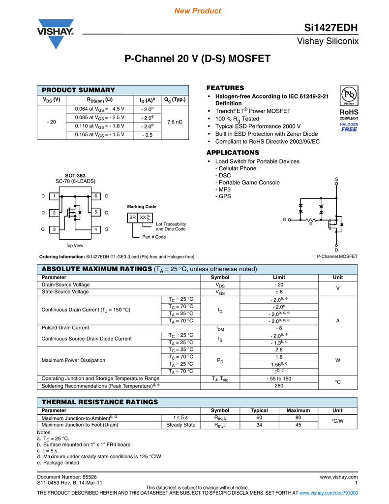 Si1427edh P Channel V D S Mosfet Vishay Siliconix New Product Manualzz