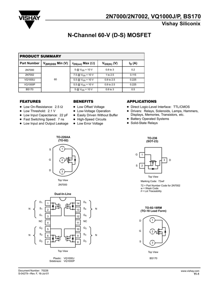 2n7000 2n7002 Vq1000j P Bs170 N Channel 60 V D S Mosfet Vishay Siliconix Product Summary Manualzz