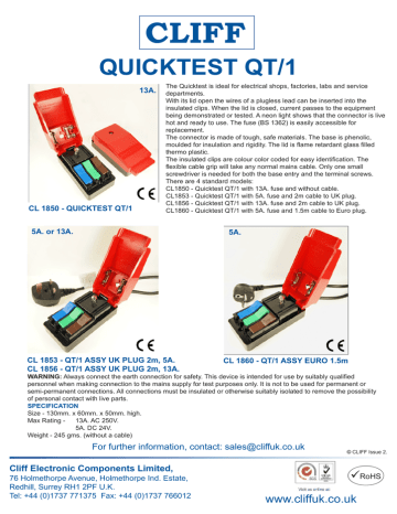 CLIFF QT1 Quicktest Test Block Single Phase Mains 240V Appliance Lights Testing 