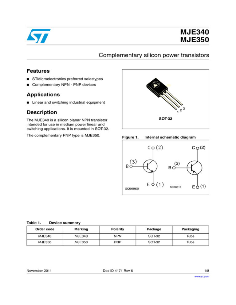 MJE340 MJE350 Complementary silicon power transistors Features | Manualzz