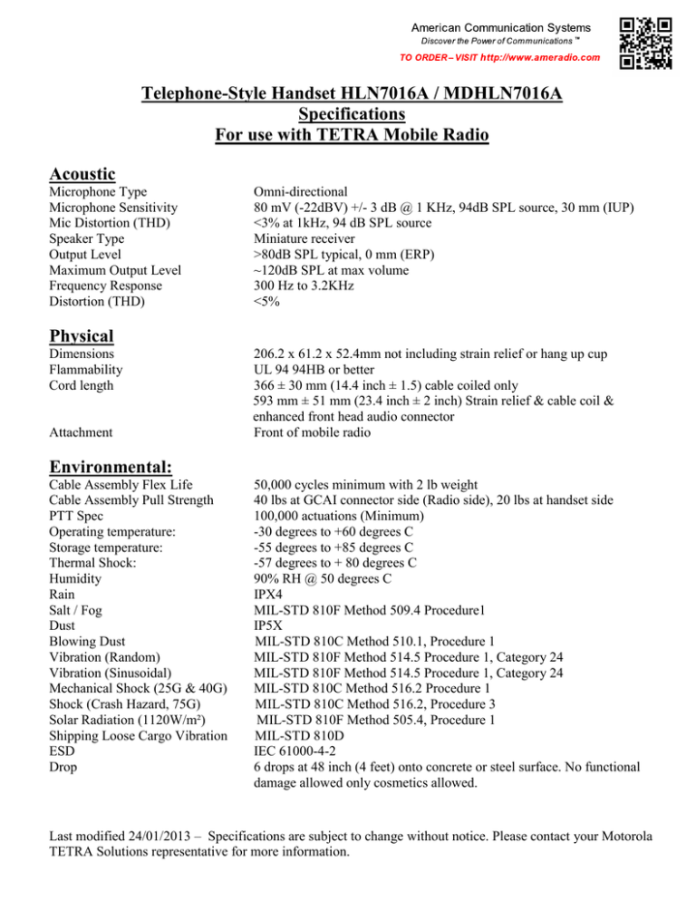 Telephone Style Handset Hln7016a Mdhln7016a Specifications For Use With Tetra Mobile Radio Acoustic Manualzz