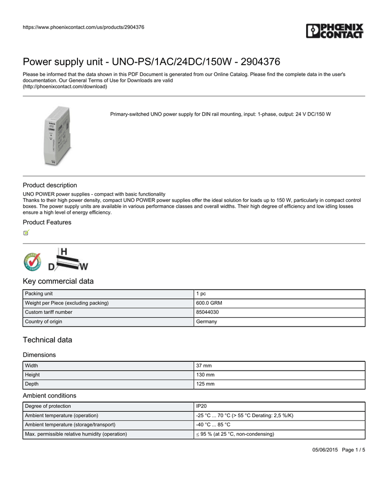 Phoenix Contact Power Supply UNO-PS//1AC//24DC//240W 2904372