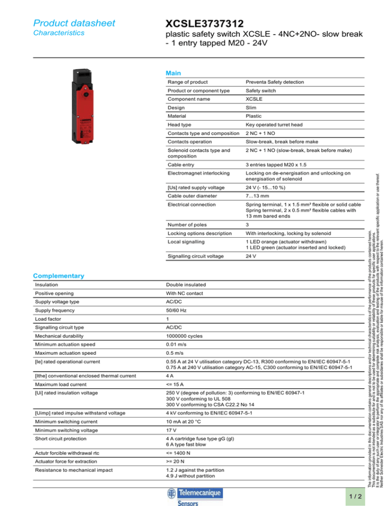 Xcsle Product Datasheet Plastic Safety Switch Xcsle 4nc 2no Slow Break Manualzz