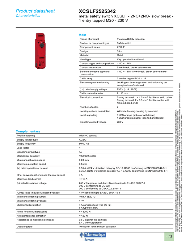 Xcslf Product Datasheet Metal Safety Switch Xcslf 2nc 2no Slow Break Manualzz