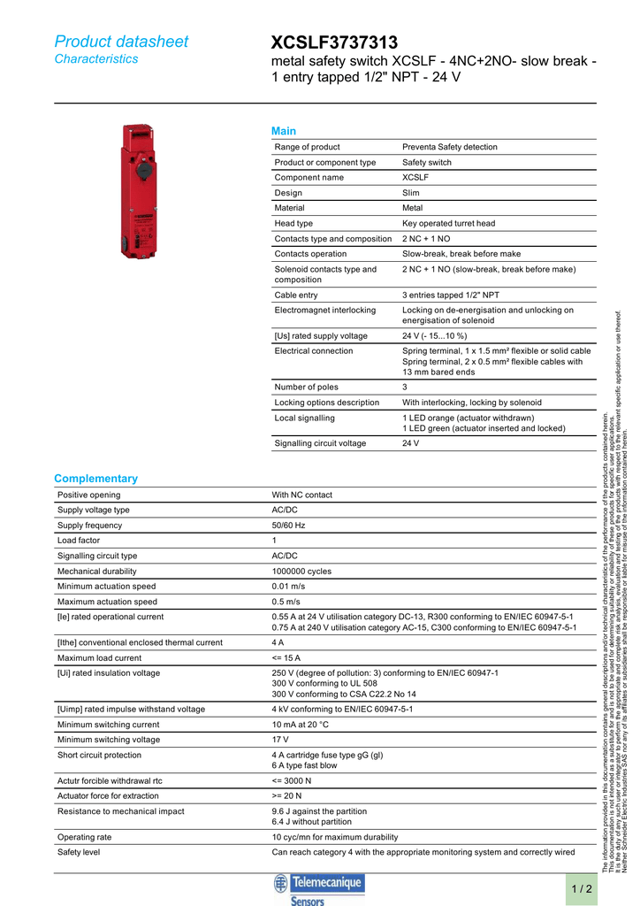 Xcslf3737313 Product Datasheet Metal Safety Switch Xcslf 4nc 2no Slow Break Manualzz