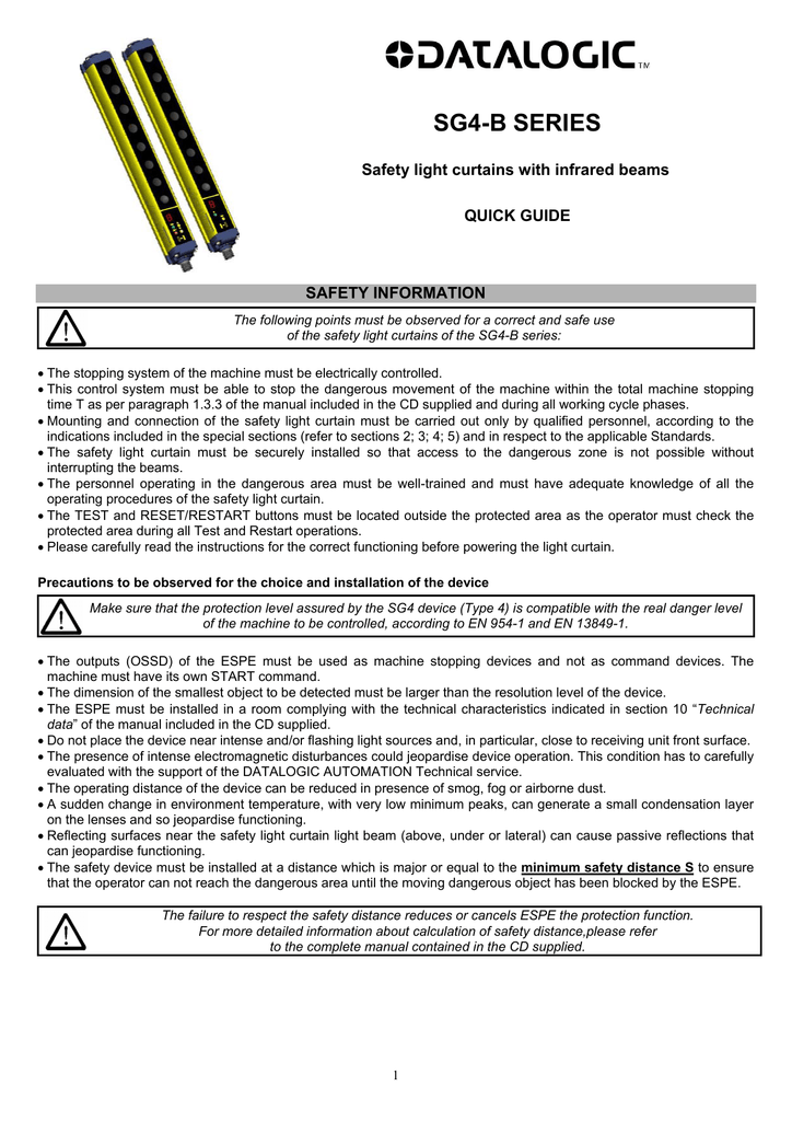 Sg4 B Series Safety Light Curtains With Infrared Beams Quick Guide