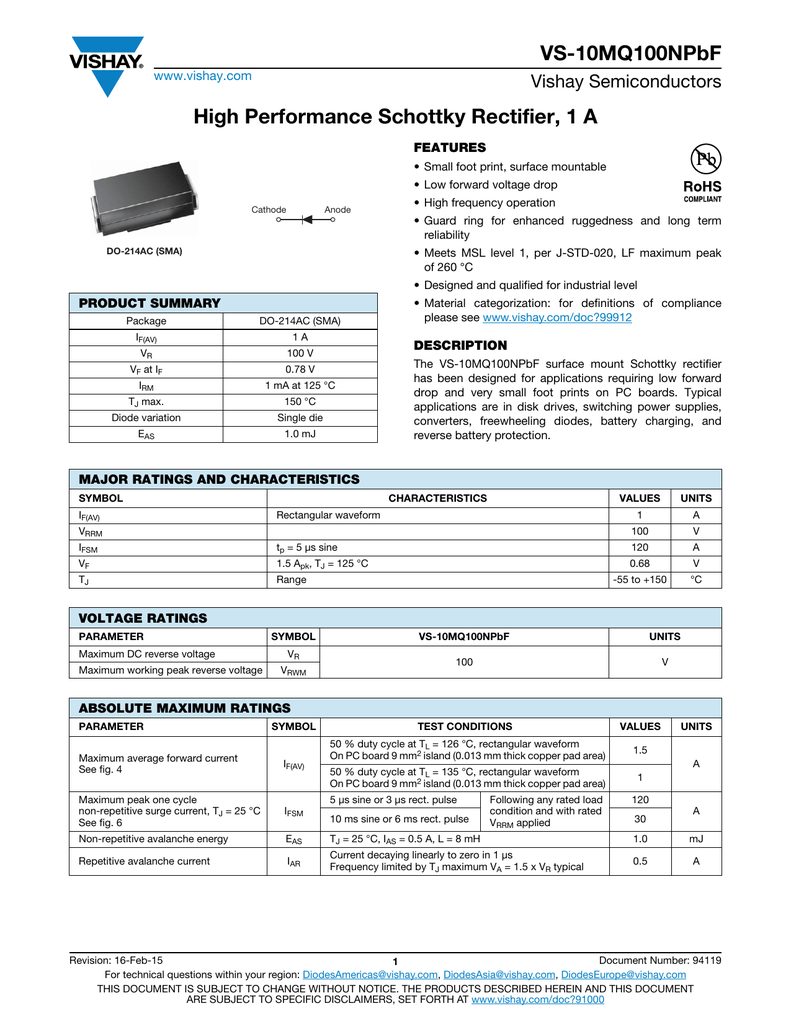 Vs 10mq100npbf High Performance Schottky Rectifier 1 A Vishay Semiconductors Www Vishay Com Manualzz