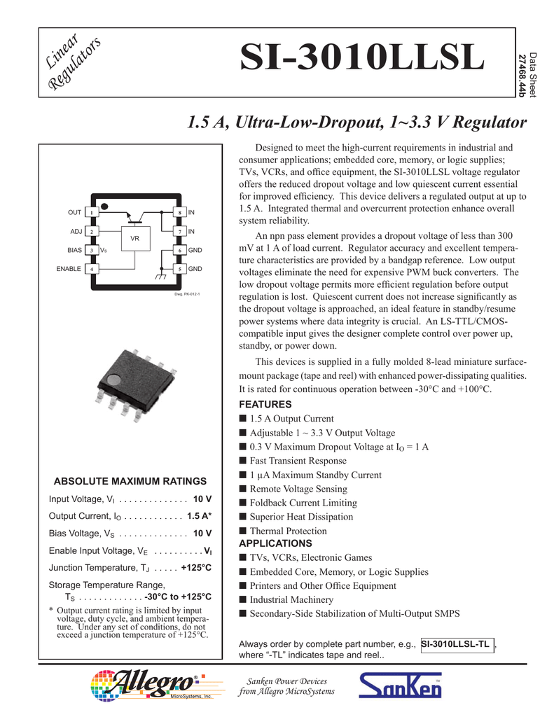 Si 3010llsl 1 5 A Ultra Low Dropout 1 3 3 V Regulator Linear Regulators Manualzz