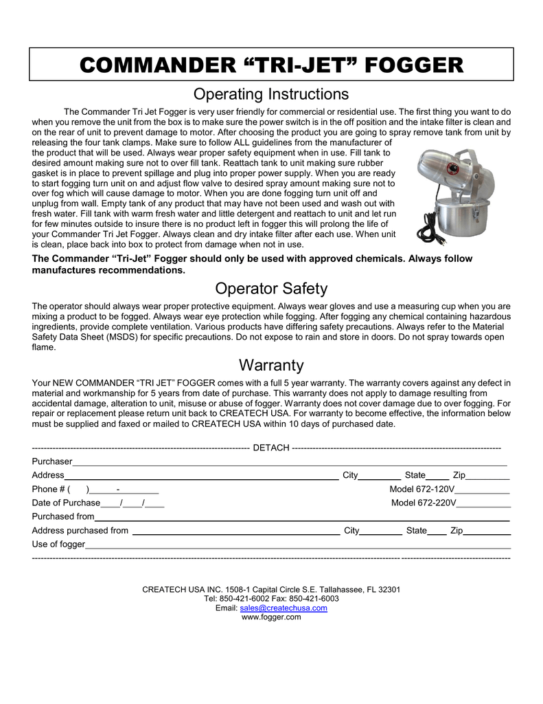 COMMANDER “TRIJET” FOGGER Operating Instructions Manualzz