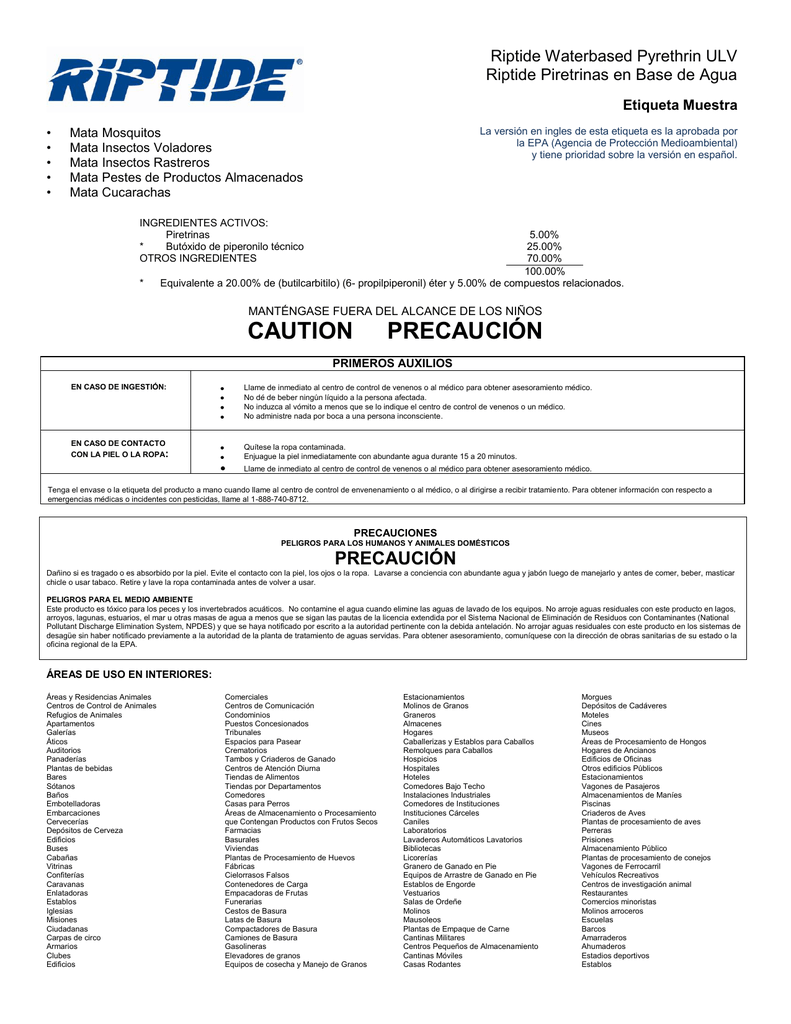 Riptide Waterbased Pyrethrin ULV Riptide Piretrinas en Base de Agua  Etiqueta Muestra | Manualzz