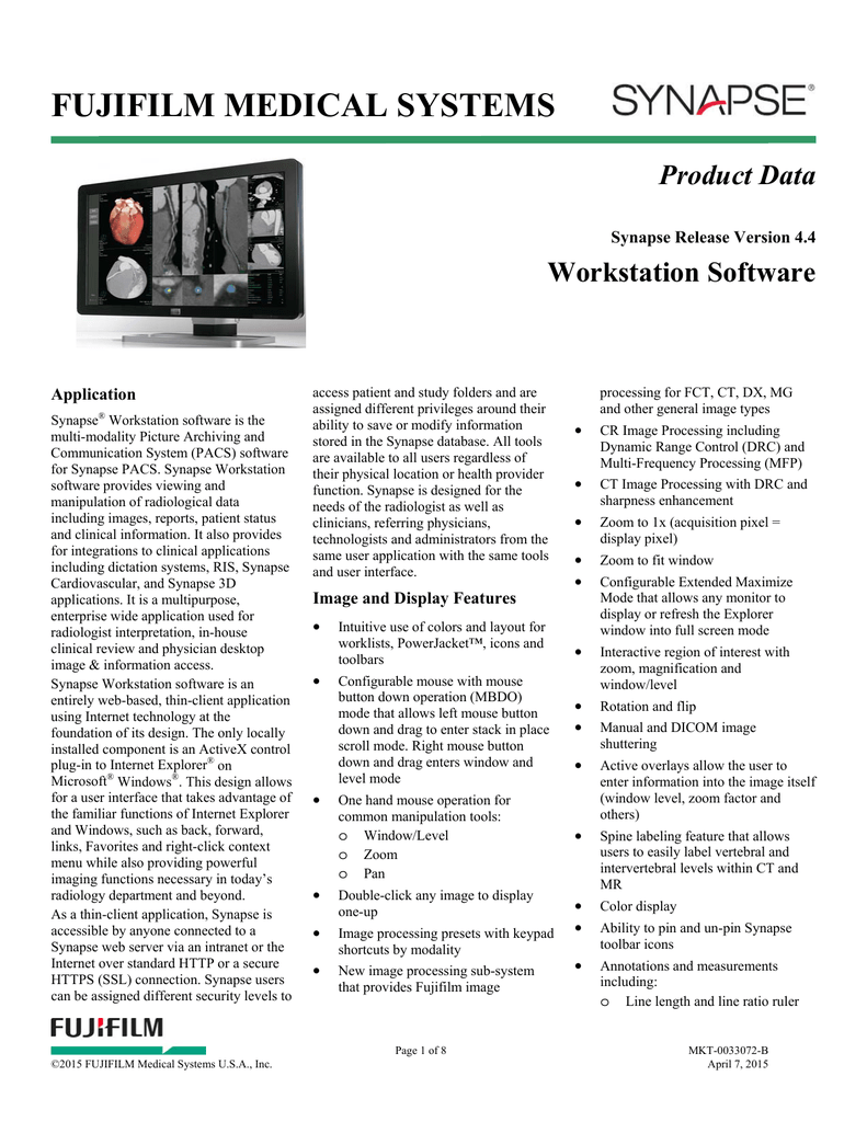 FUJIFILM MEDICAL SYSTEMS Workstation Software Product Data | manualzz.com