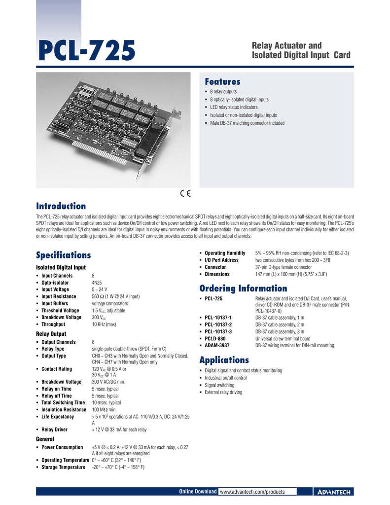 Pcl 725 Features Relay Actuator And Isolated Digital Input Card Manualzz