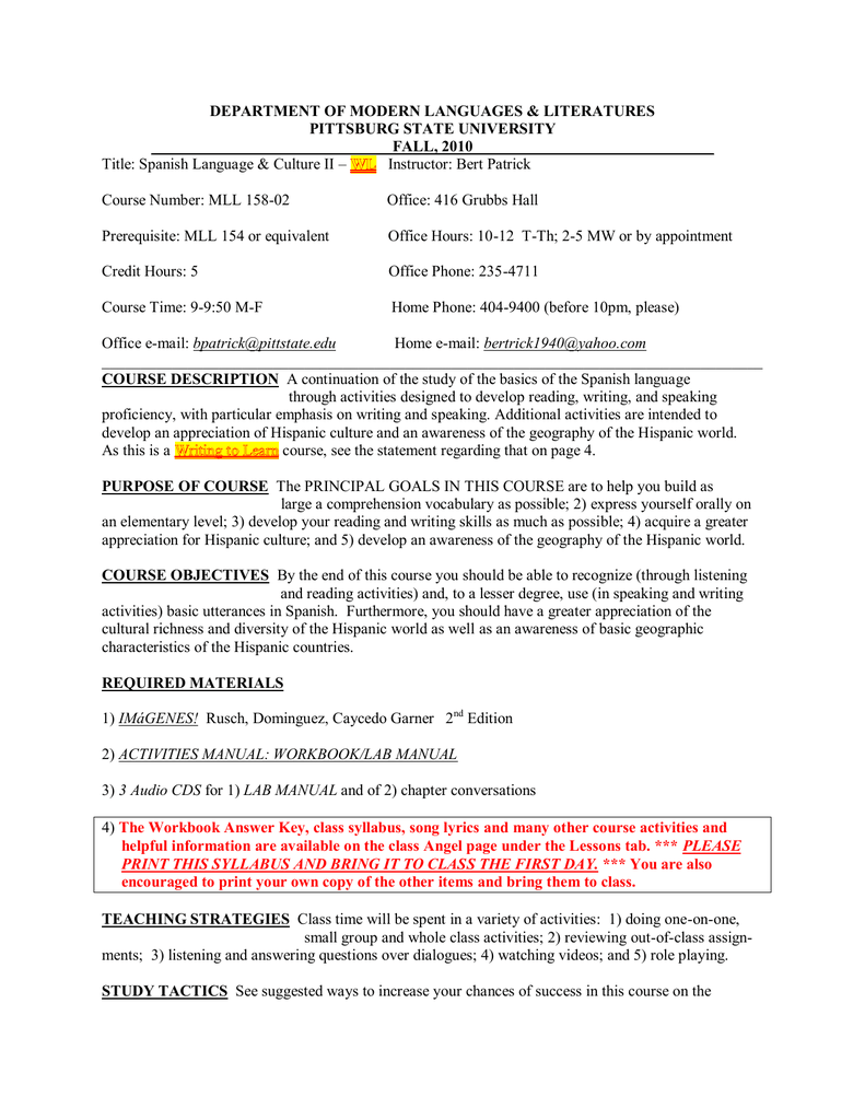 DEPARTMENT OF MODERN LANGUAGES & LITERATURES PITTSBURG STATE UNIVERSITY