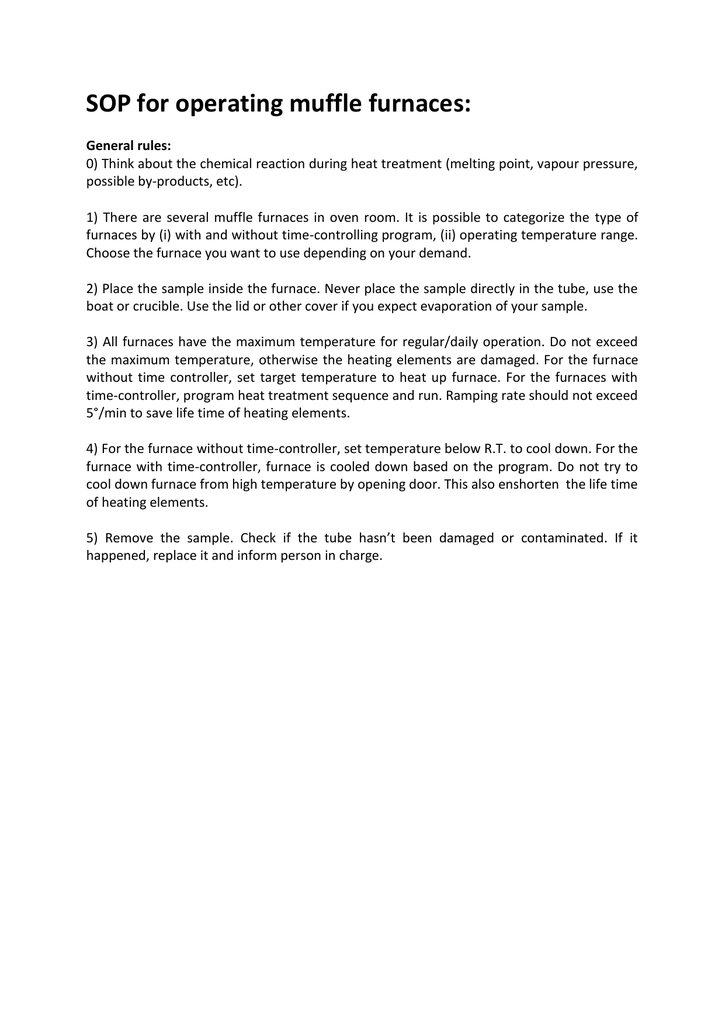 SOP for operating muffle furnaces Manualzz