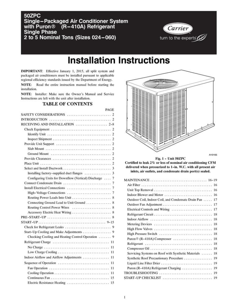 50ZPC Single---Packaged Air Conditioner System with Puron Single Phase ...