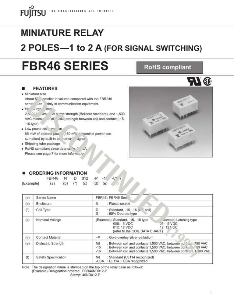 Disc Fbr46 Series Miniature Relay 2 Poles 1 To 2 A Manualzz