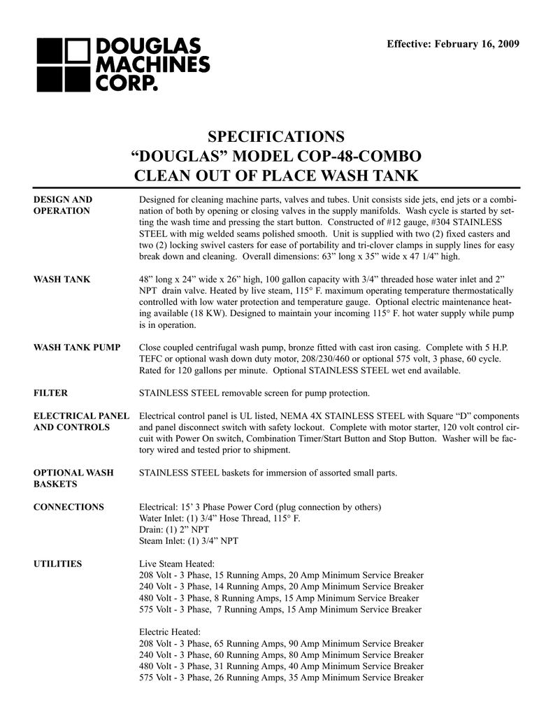Specifications Douglas Model Cop 48 Combo Clean Out Of Place Wash Tank Manualzz