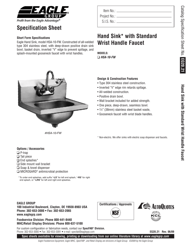 Specification Sheet Hand Sink With Standard Wrist Handle