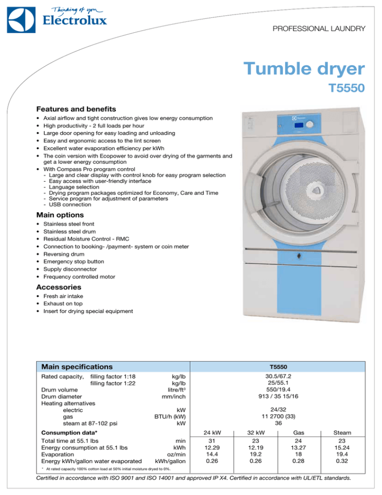 Tumble dryer T5550 PROFESSIONAL LAUNDRY Features and benefits Manualzz