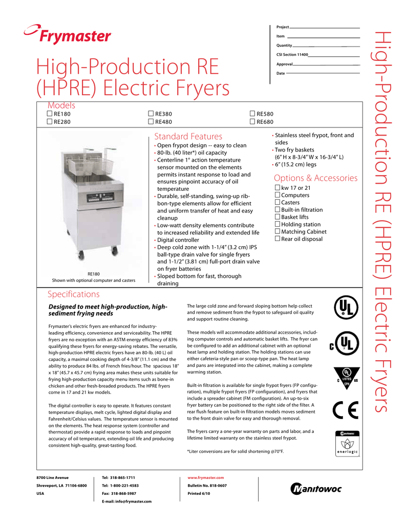 Frymaster RE380, RE480, RE580, RE680, RE280, RE180 User manual Manualzz