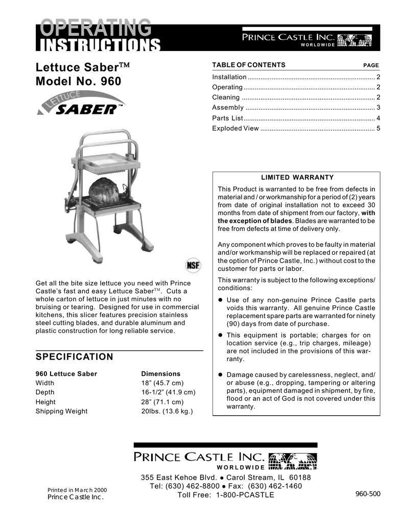 Operating Instructions Lettuce Saber Model No 960
