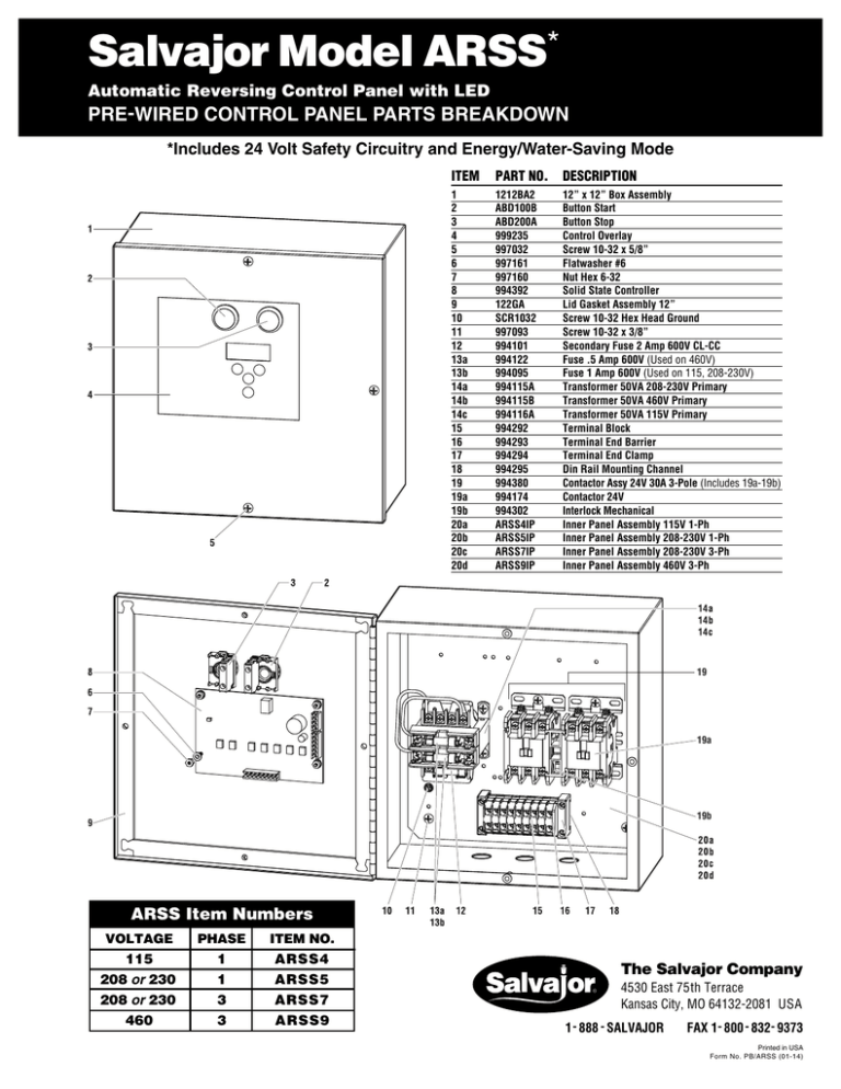 Salvajor Model ARSS * PREWIRED CONTROL PANEL PARTS BREAKDOWN Manualzz