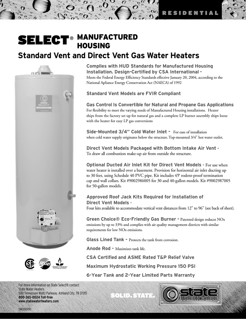 Select Standard Vent And Direct Vent Gas Water Heaters Manufactured Housing Manualzz