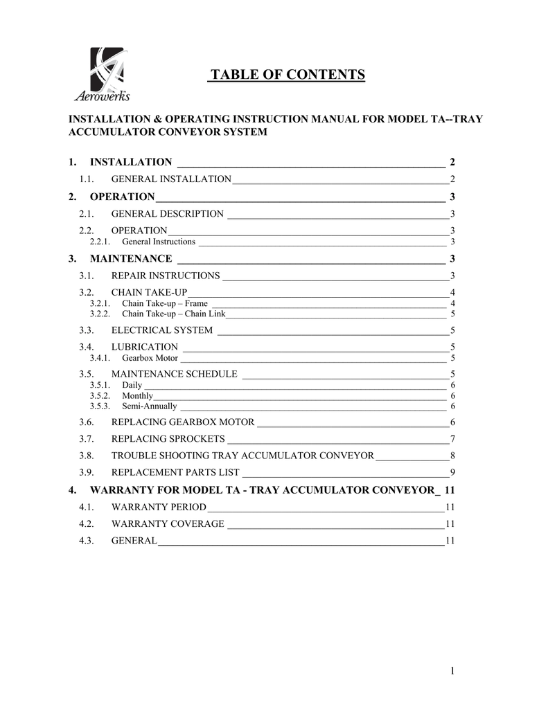 TABLE OF CONTENTS INSTALLATION & OPERATING INSTRUCTION MANUAL FOR MODEL  TA--TRAY | manualzz.com