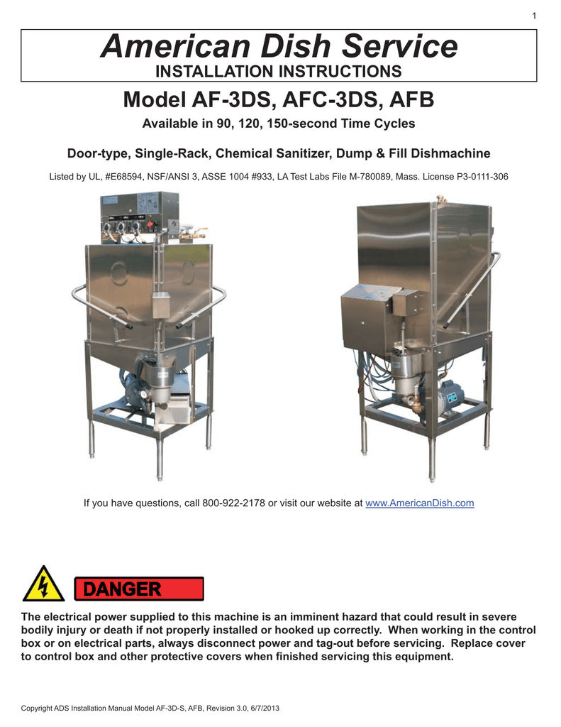 American Dish Service Model AF-3DS, AFC-3DS, AFB INSTALLATION INSTRUCTIONS  | manualzz.com