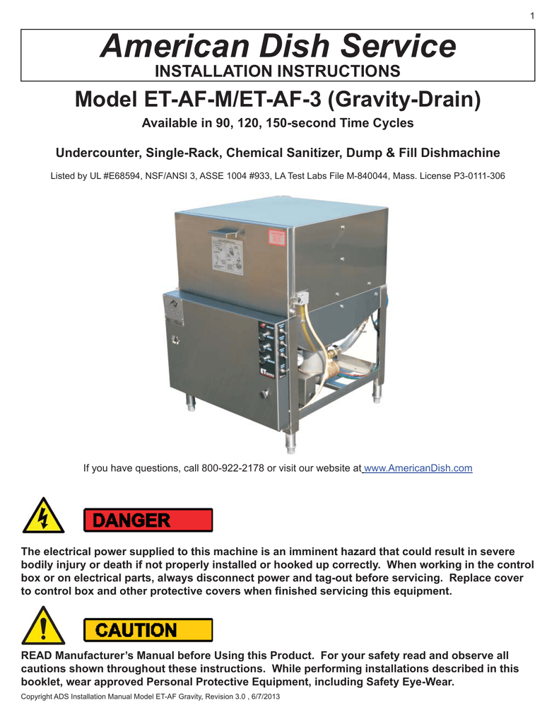 American Dish Service Model ET-AF-M/ET-AF-3 (Gravity-Drain) INSTALLATION INSTRUCTIONS | Manualzz | Ads Dish Machine Wiring Diagram | | Manualzz
