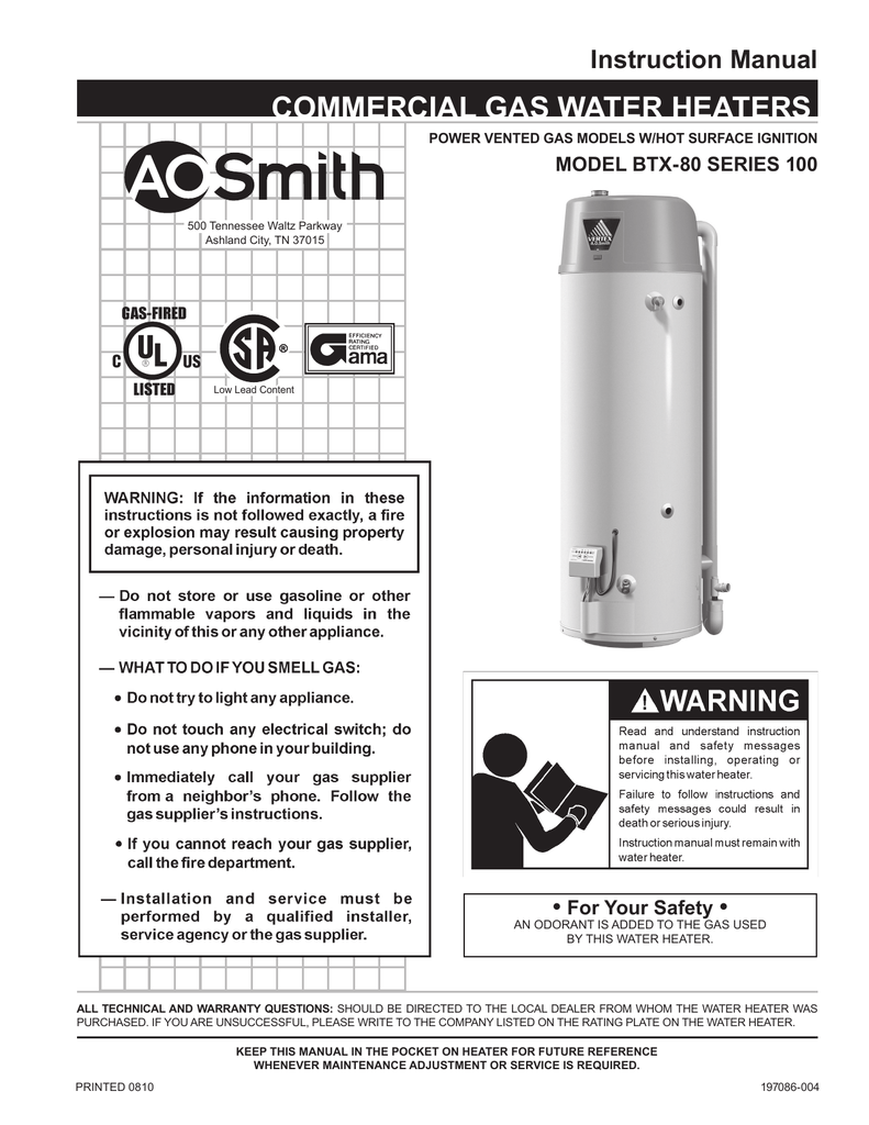 A.O. Smith BTX-80 SERIES 100 Water Heater User manual | Manualzz
