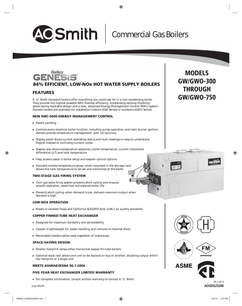 A.O. Smith GW/GWO-750 Specification Sheet | Manualzz