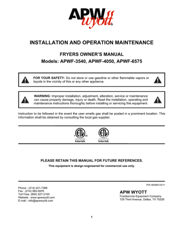 APW Wyott APWF-4050 Operation Manual | Manualzz