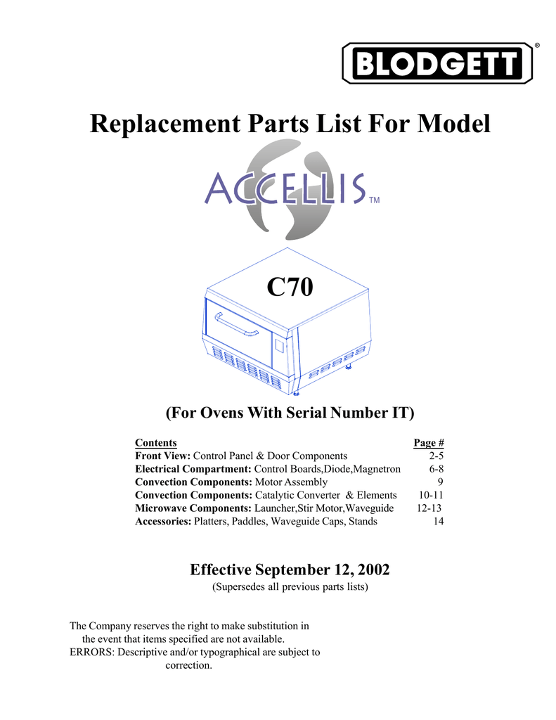 Replacement Parts List For Model C70 (For Ovens With Serial Number IT) Manualzz