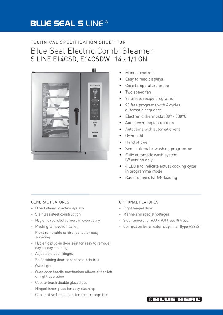 Blue Seal Electric Combi Steamer TECHNICAL SPECIFICATION SHEET FOR Manualzz
