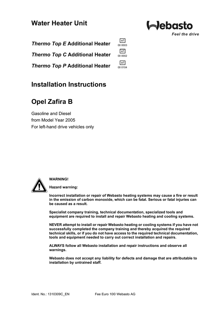 Water Heater Unit Installation Instructions Opel Zafira B Thermo Top E Manualzz