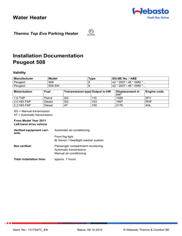 Water Heater Installation Documentation Peugeot 508 Thermo Top Evo Manualzz